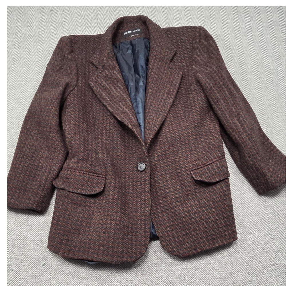 Vintage Sag Harbor Herringbone Blazer Brown‎ Burgundy Wool Blend Jacket Mens XL